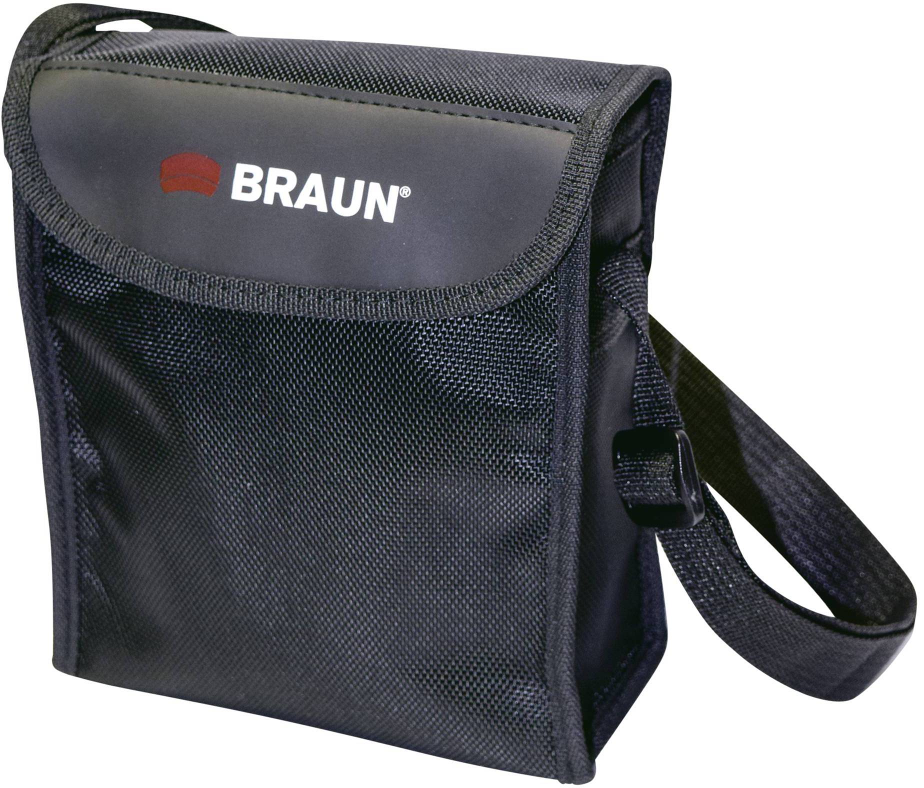 Eine schwarze Tasche mit einem verstellbaren Schulterriemen und dem Logo 'BRAUN' auf dem Verschluss.