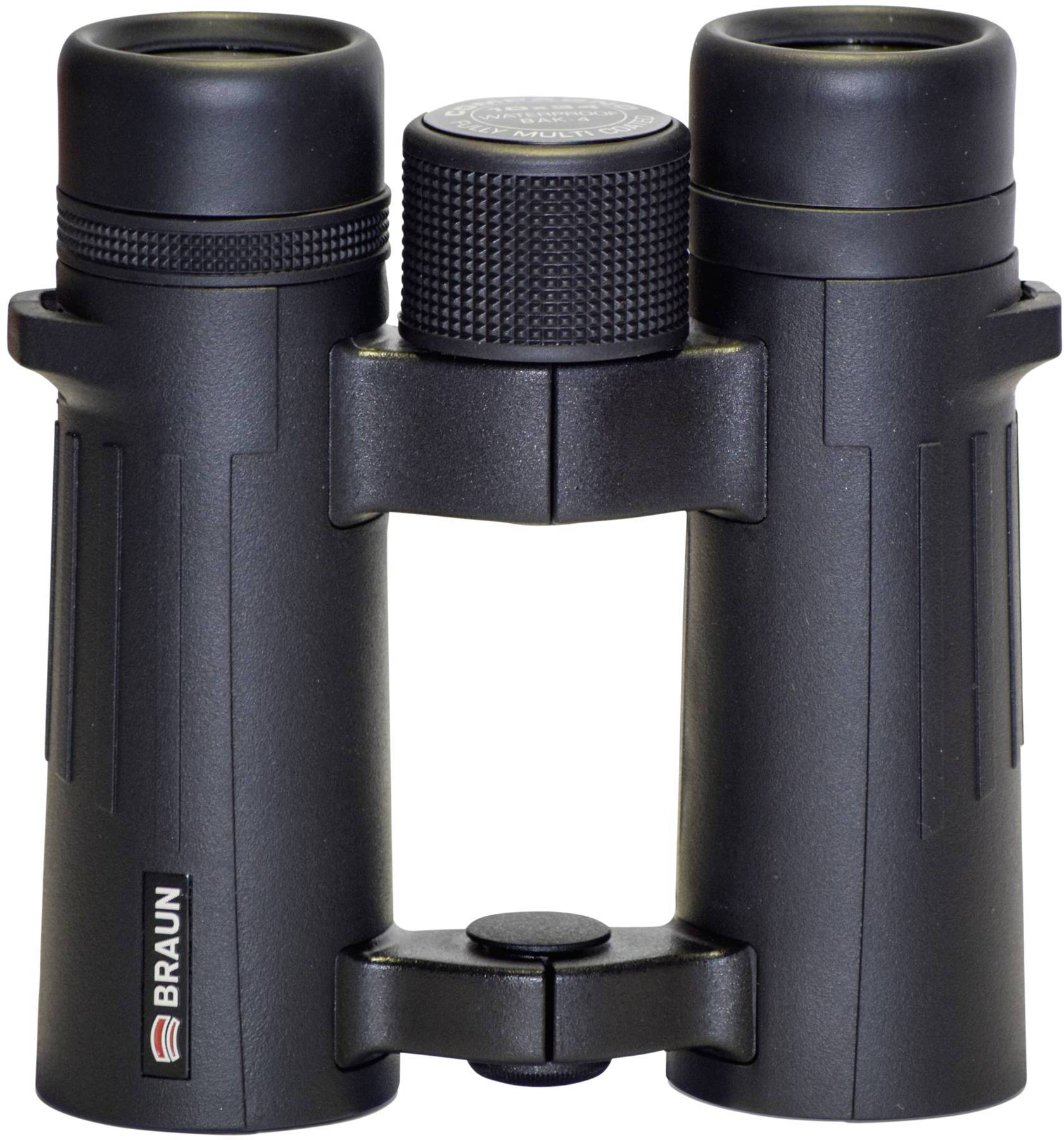 Fernglas mit schwarzer Oberfläche und einem zentralen Fokussierrad, ausgelegt für verbesserte Sicht in der Ferne. Markierung 'Braun' sichtbar.
