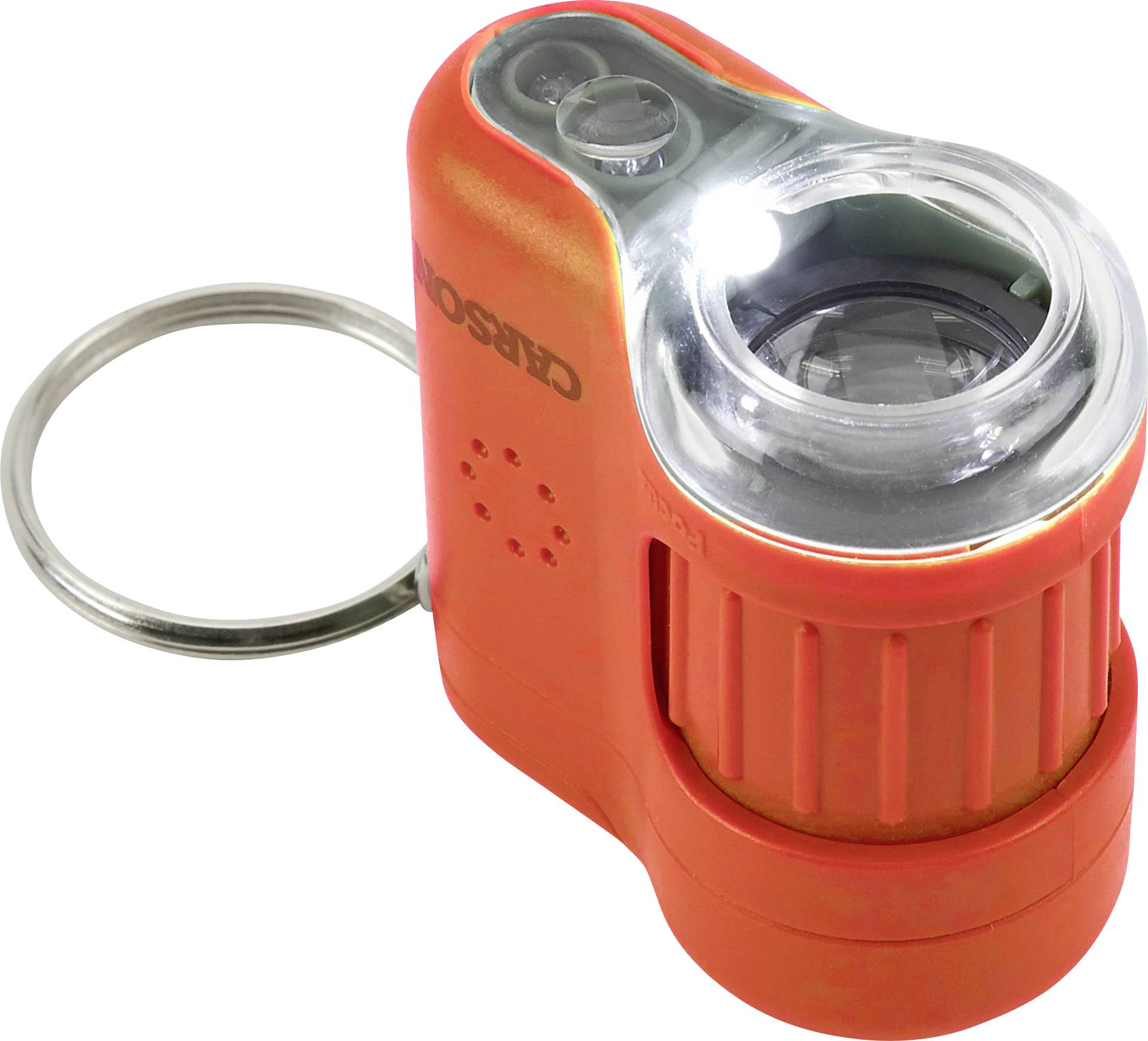 Ein roter, handbetriebener Taschenlampen-Schlüsselanhänger mit Kurbel. Oben befindet sich eine LED-Leuchte.