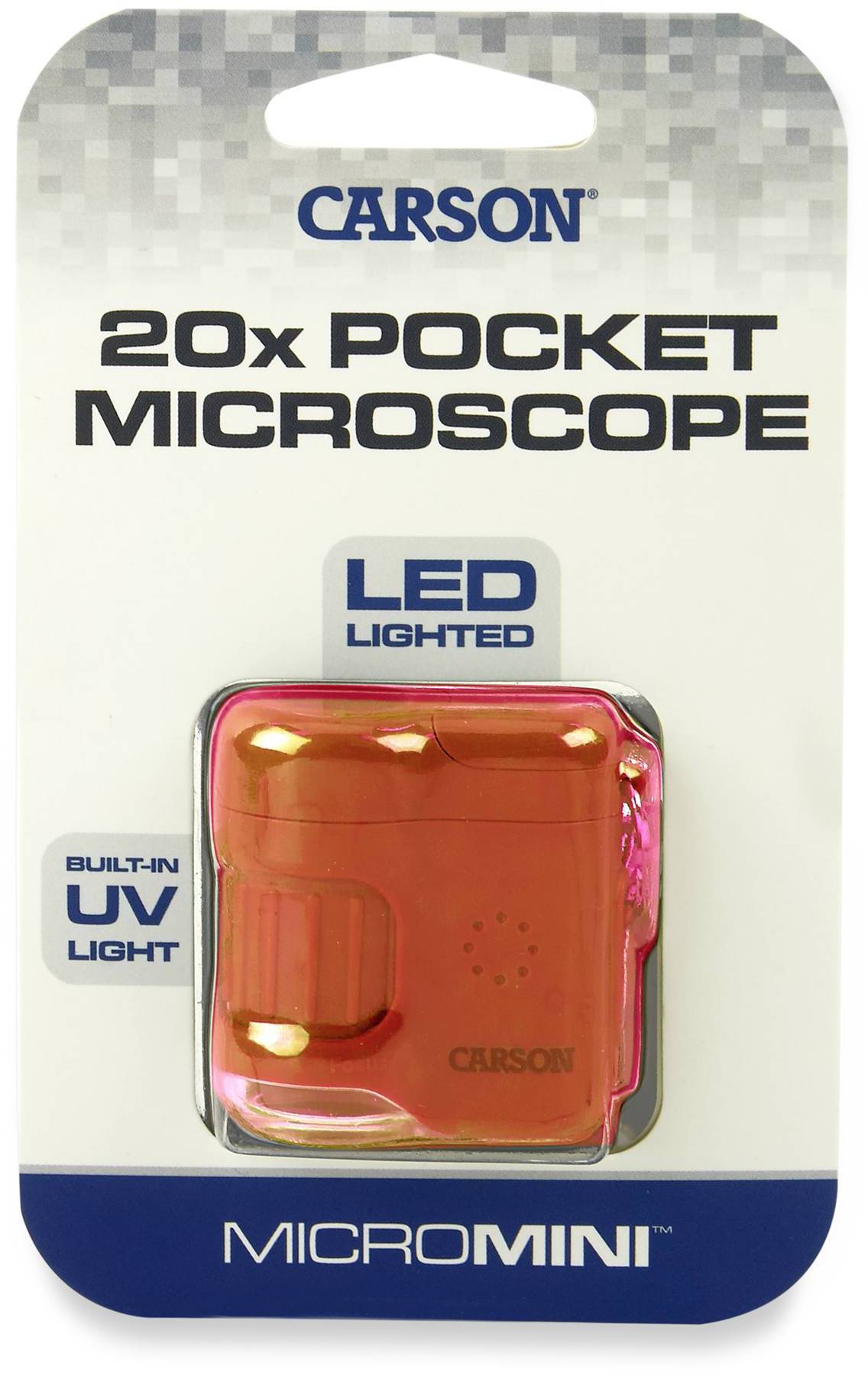 Verpackung eines Carson Taschenmikroskops mit 20-facher Vergrößerung. Enthält LED-Beleuchtung und integriertes UV-Licht.