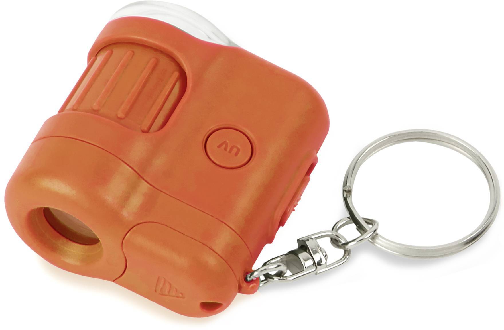 Ein orangefarbener, handbetriebener Dynamo-Taschenlampen-Schlüsselanhänger, kompakt und tragbar, mit UV-Knopf und Schlüsselring.