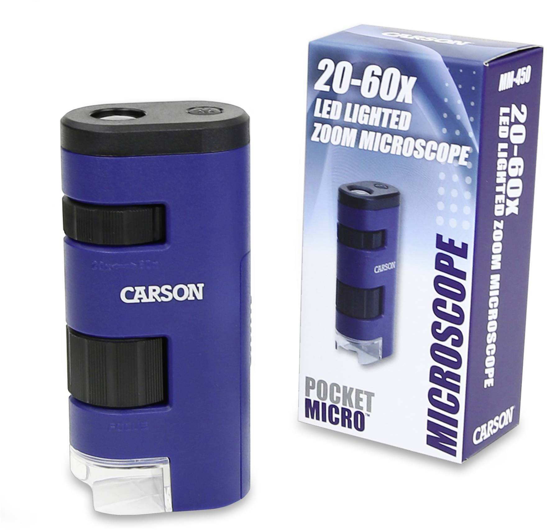 Blaues, tragbares Mikroskop mit 20-60x LED-Vergrößerung und Sichtfenster. Verpackung zeigt das Mikroskop mit Markennamen und Nutzungshinweisen.