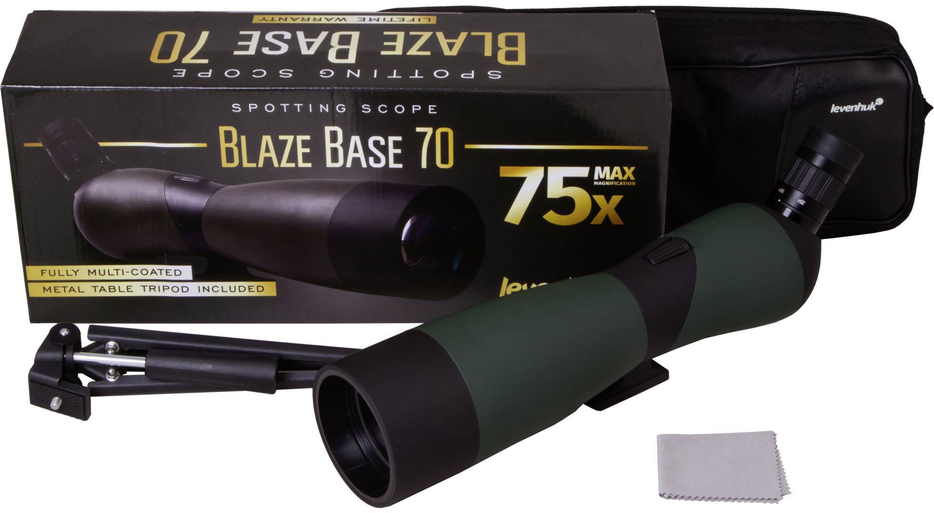 Fernglas 'Blaze Base 70' mit Stativ und Reinigungstuch, max. 75-fache Vergrößerung, in schwarzer Tragetasche.