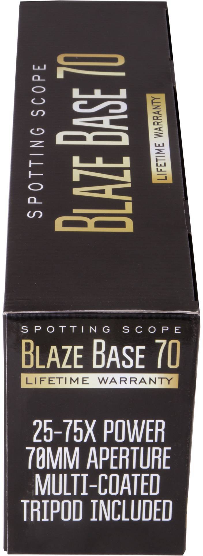 Schwarze Verpackung eines Fernrohrs mit der Aufschrift 'Blaze Base 70', 25-75x Vergrößerung, 70mm Öffnung, inkl. Stativ, lebenslange Garantie.