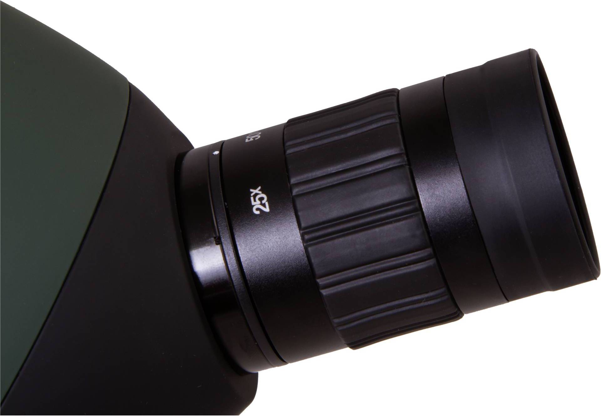 Ein Fernglas-Okular mit 25-facher Vergrößerung, schwarz mit gerändeltem Fokussierring, vor weißem Hintergrund.