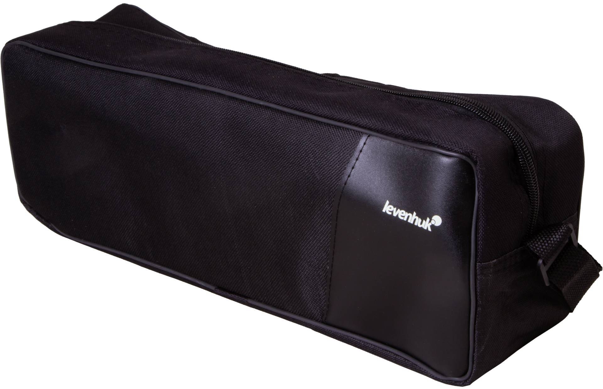 Schwarze rechteckige Tasche mit Reißverschluss, 'levenhuk'-Logo auf der Seite. Ideal zur Aufbewahrung von optischen Geräten oder Zubehör.