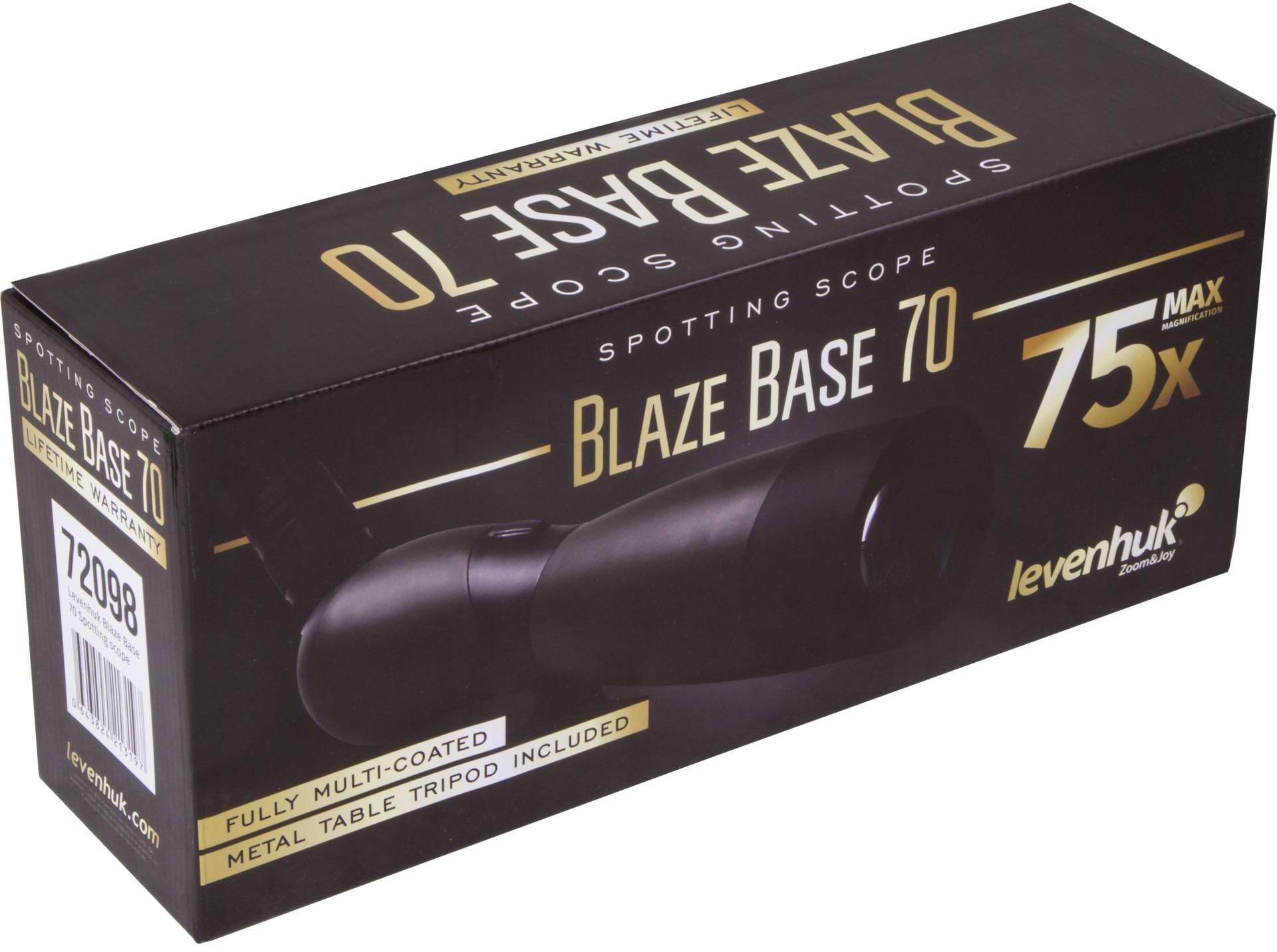 Eine Verpackung für ein Beobachtungsfernrohr 'Blaze Base 70' mit 75-facher Vergrößerung. Enthält ein vollvergütetes Glas und ein Metalltisch-Stativ.