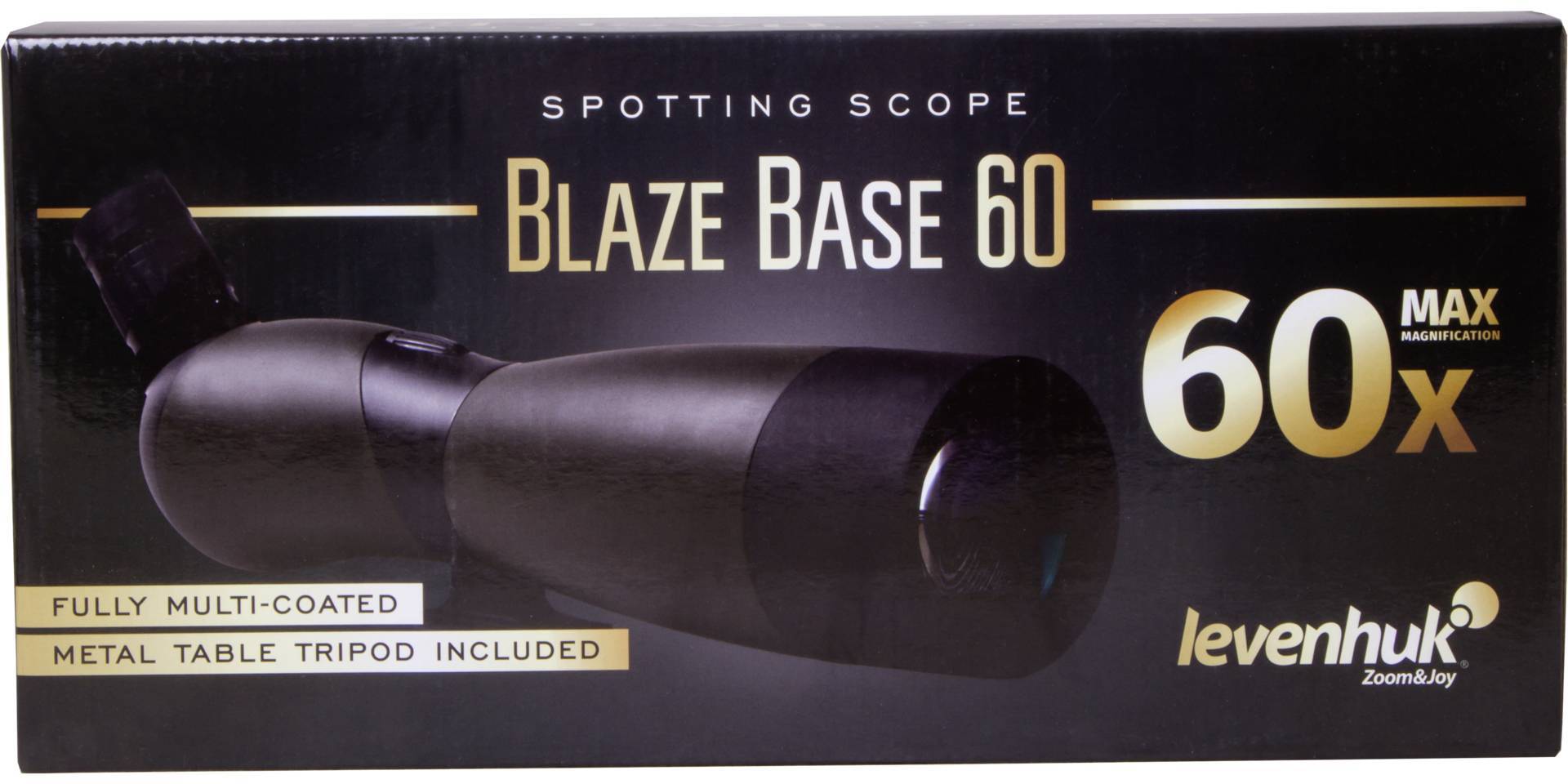 'Blaze Base 60' Spektivverpackung mit 60-facher Vergrößerung. Enthält ein vollvergütetes Spektiv und ein Metalltischstativ.