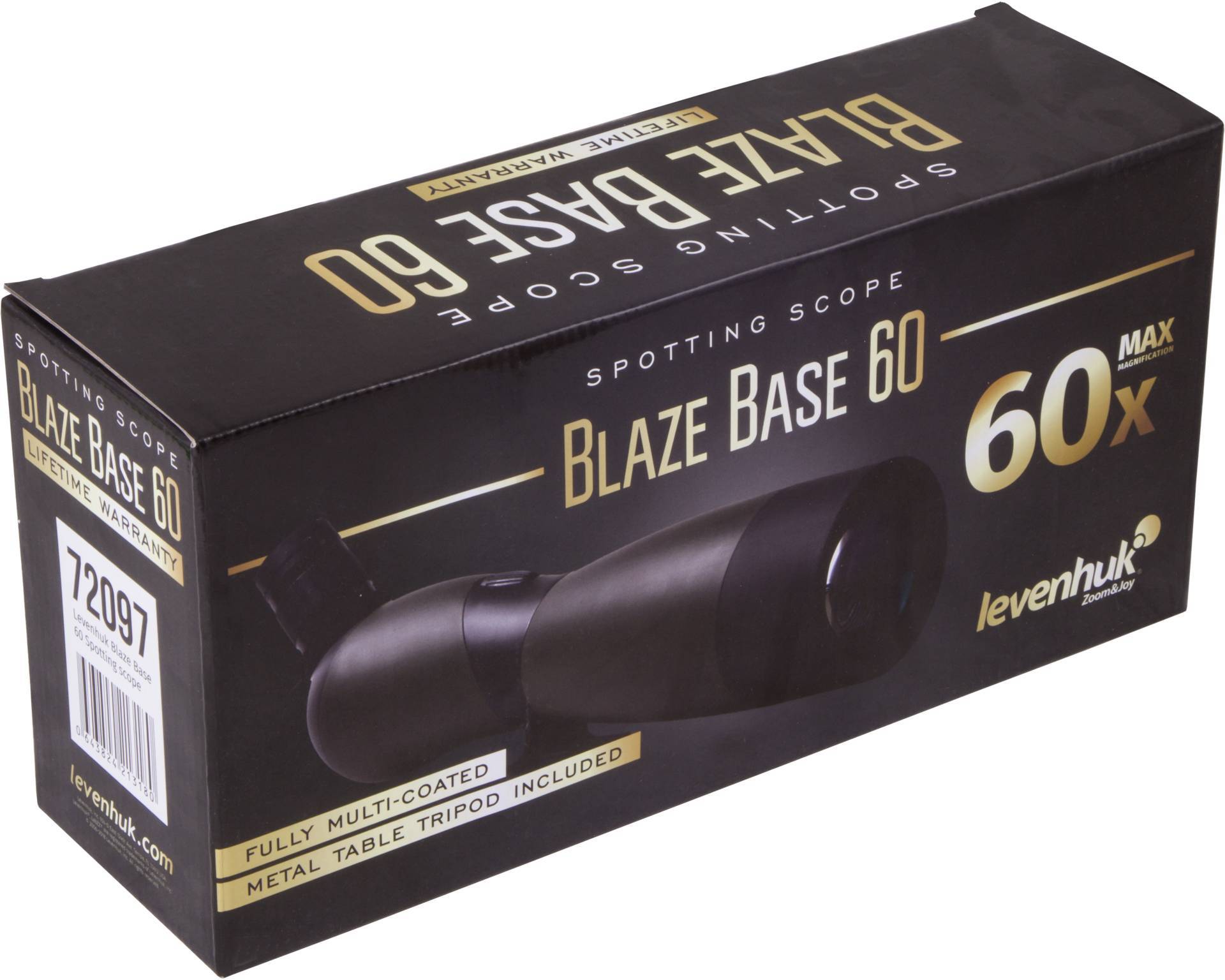 Verpackung eines Spektivs 'Blaze Base 60' von Levenhuk mit 60x Maximum Zoom. Enthalten: vollvergütete Linsen und Metalltischstativ.