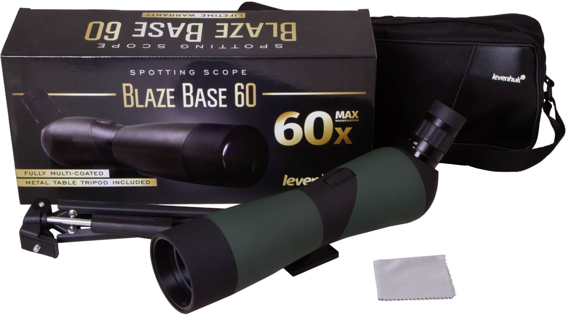 Fernglas 'Blaze Base 60' von Levenhuk mit 60x Vergrößerung, Stativ, Reinigungstuch und Tasche. Verpackung und Zubehör abgebildet.