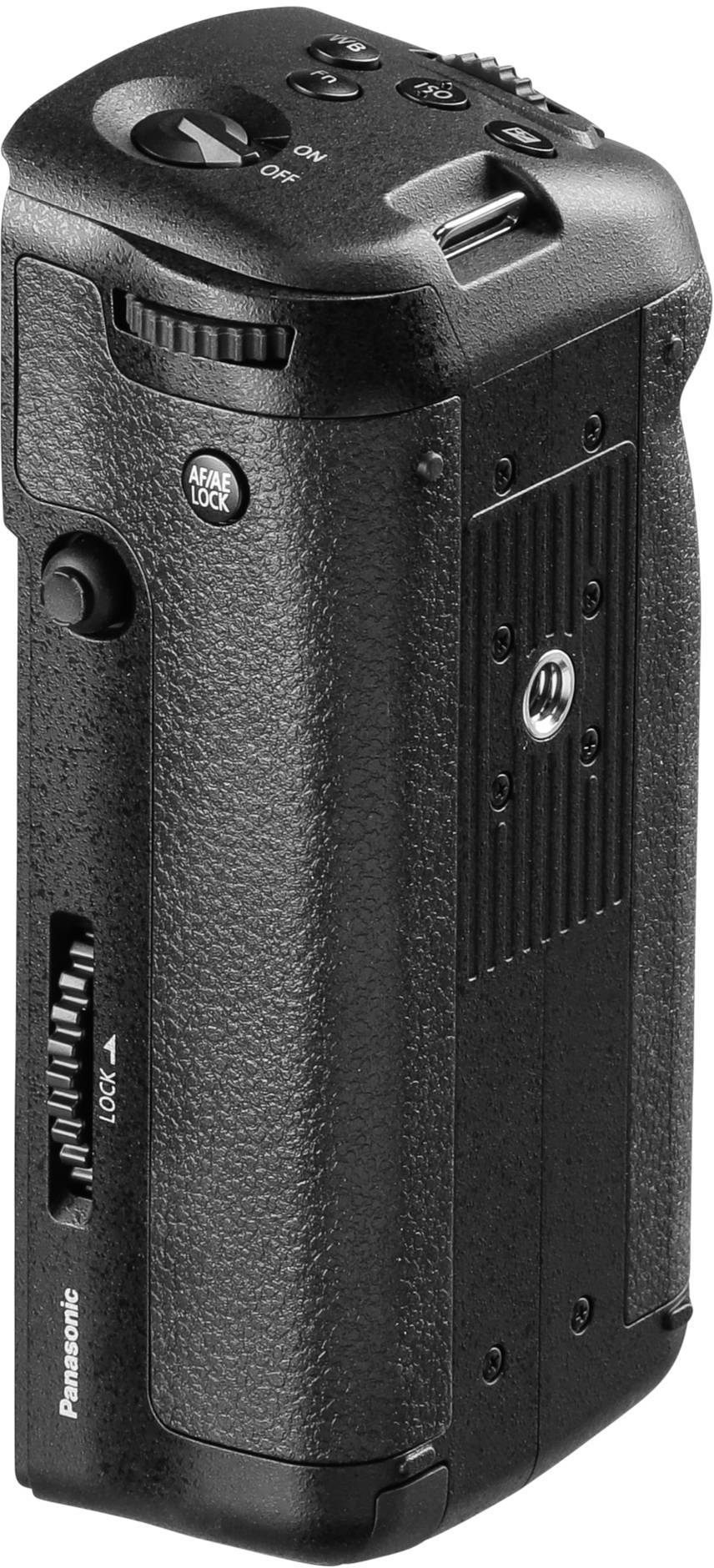 Ein schwarzer Kamera-Batteriegriff mit Tasten und einem USB-Anschluss, der vertikal steht.