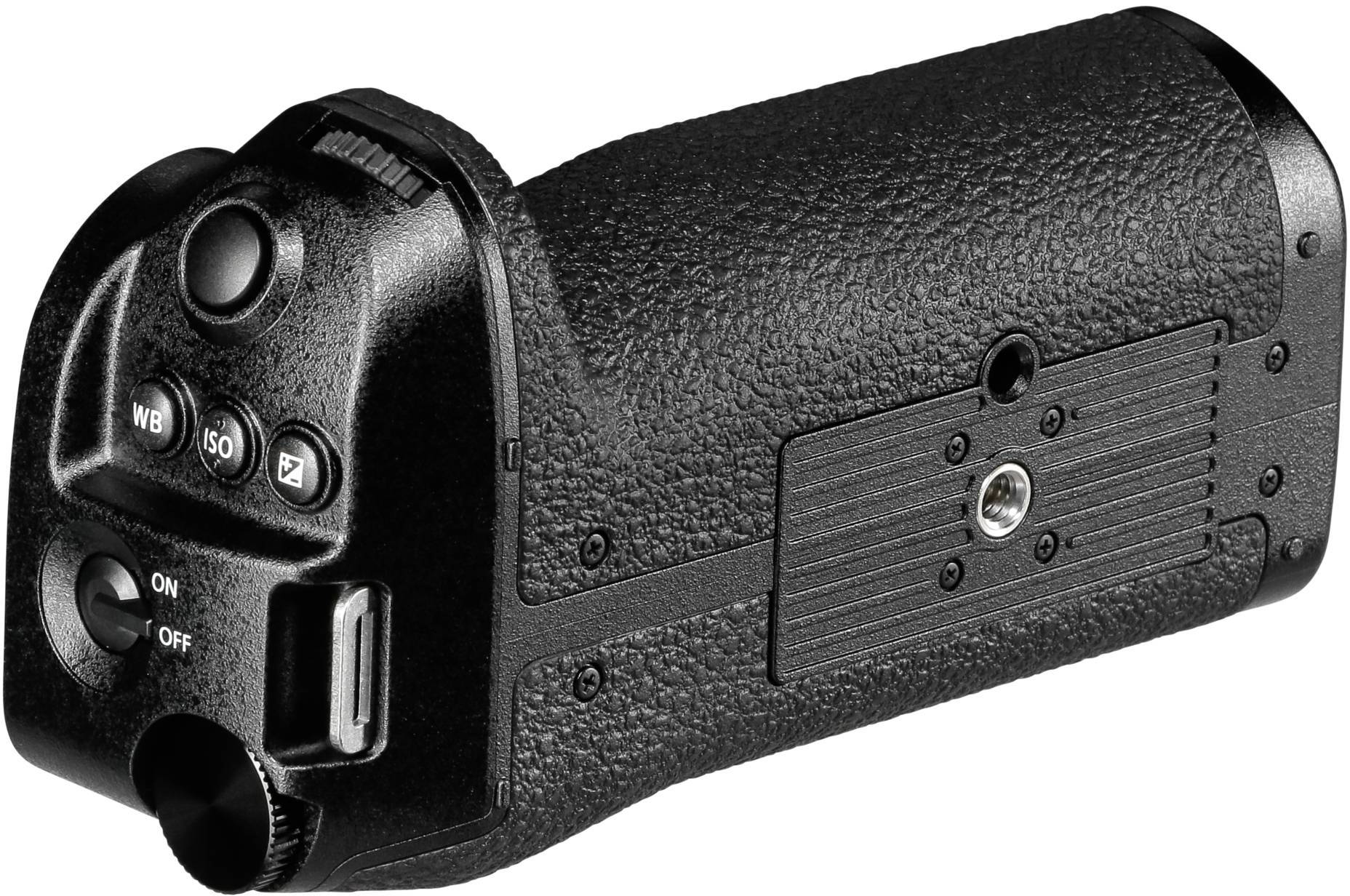 Eine schwarze Kamerabatteriegriff-Erweiterung mit mehreren Tasten für Kameraeinstellungen und einem Ein/Aus-Schalter.
