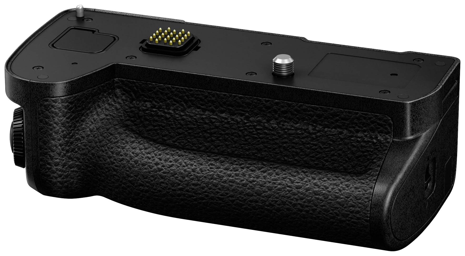 Ein Kamera-Batteriegriff in schwarzer Farbe, der zusätzliche Akkuleistung und Halt bietet. Oben Anschlüsse für Kameraanbindung.