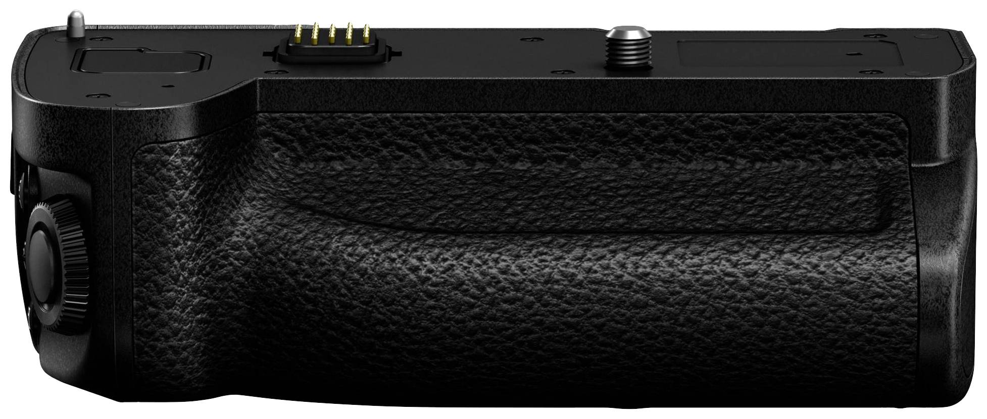 Schwarzer Kamera-Batteriegriff mit ergonomischem Griff und Anschlusskontakten, seitliche Ansicht.