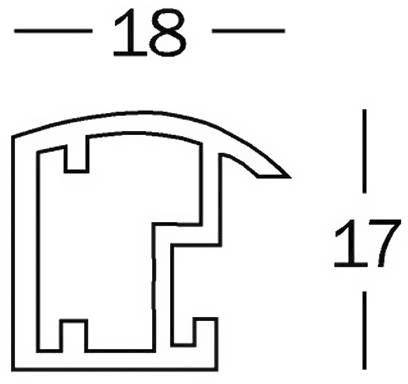 Querschnitt eines rechteckigen Aluminiumprofils mit Maßen: Breite 18 mm, Höhe 17 mm. Das Profil hat eine gebogene obere Kante.