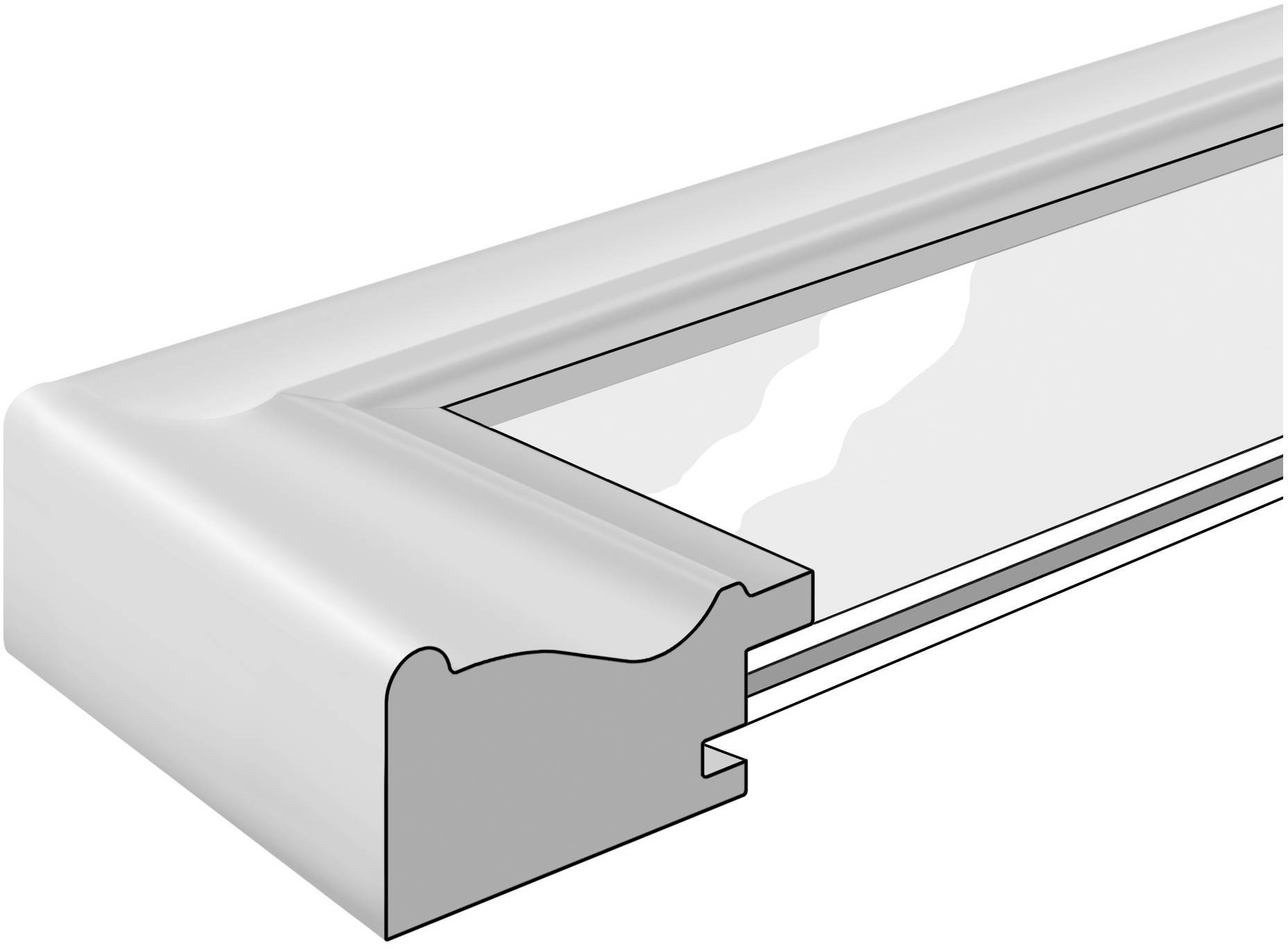Querschnitt eines Bilderrahmens aus Holz mit Glasabdeckung. Details der Rahmung und Glasposition sind sichtbar.