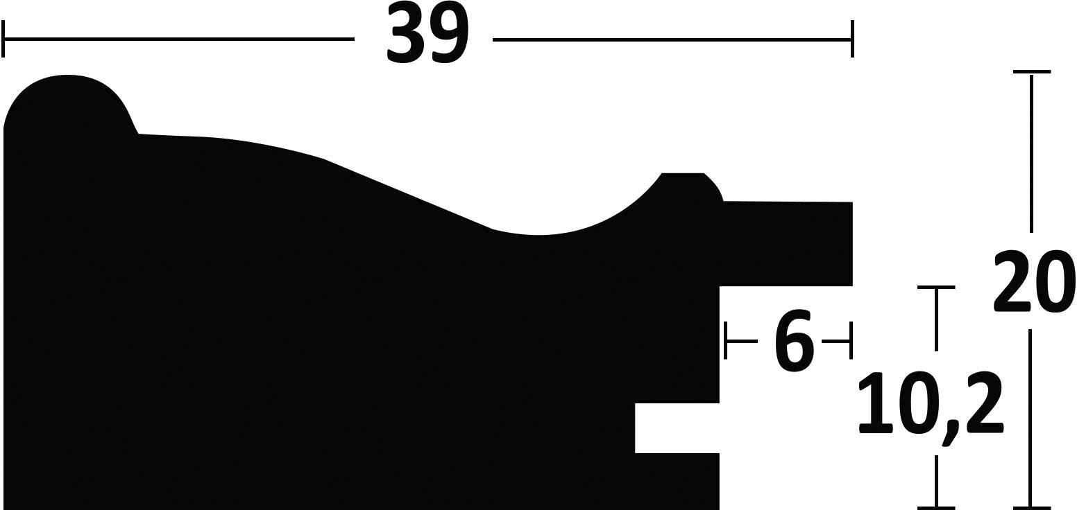 Seitenansicht eines Profils mit Maßen: Breite 39, Höhe 20, und einem kleinen Absatz von 6 Einheiten. Weitere Details umlaufend.
