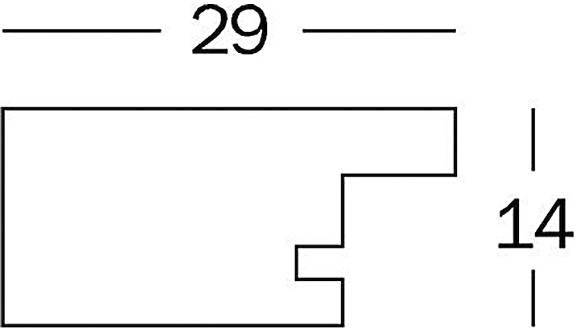 Rechteckiges Diagramm mit zwei Abschnitten. Der obere Abschnitt ist größer, und der kleinere Abschnitt unten ist seitlich versetzt. Maße sind 29 und 14.