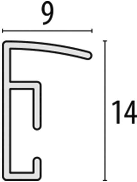 Querschnitt eines Profils mit den Maßen: Breite 9 mm, Höhe 14 mm. Rechteckige Form mit innerem Hohlraum und abgerundetem oberen Rand.