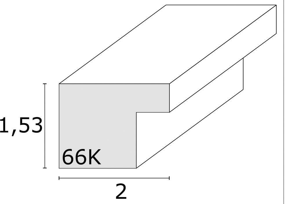 Ein rechteckiges Blockdiagramm mit den Maßen: Höhe 1,53, Länge 2. Text '66K' auf der schattierten Oberfläche.