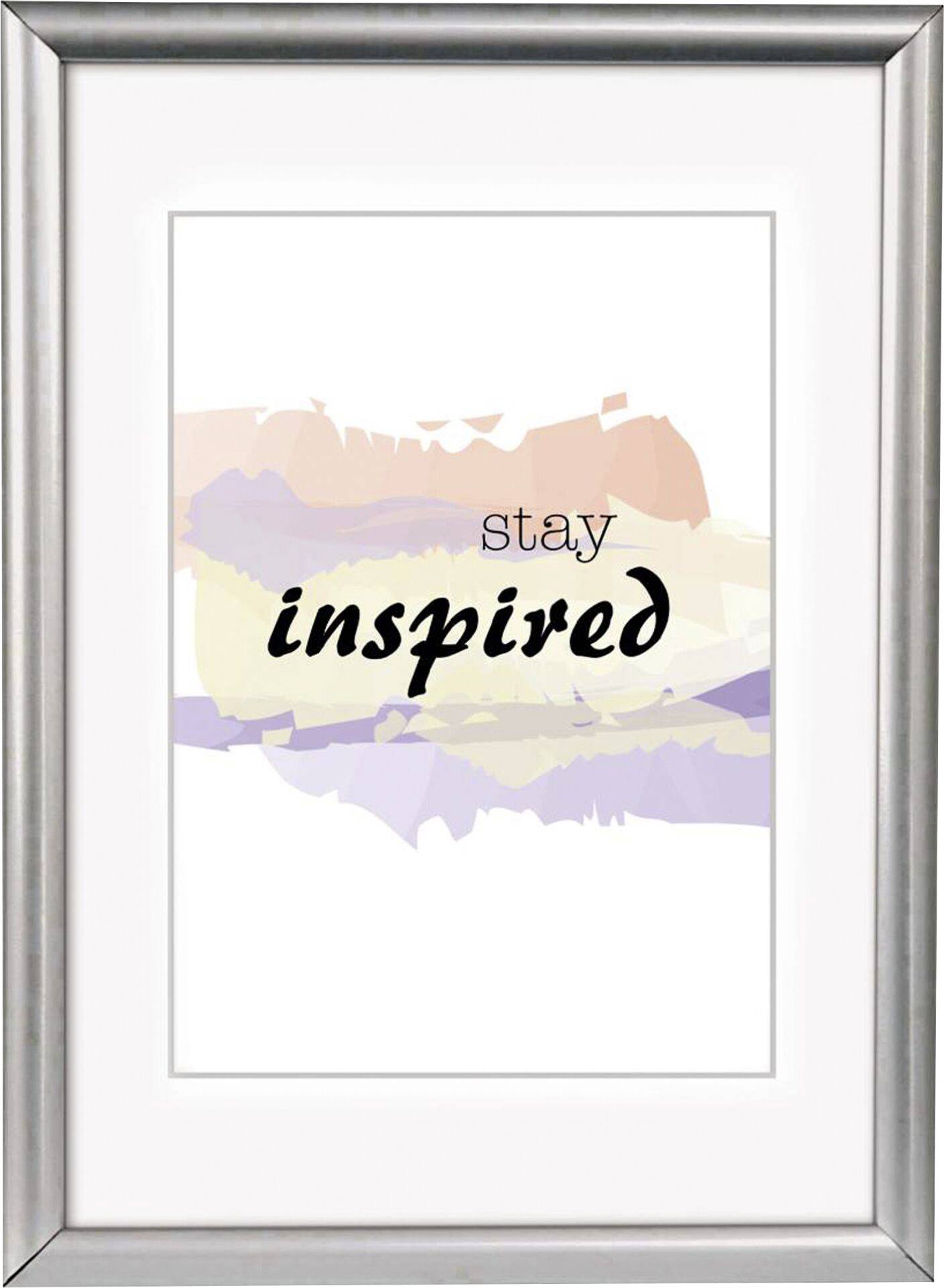 Gerahmtes Bild mit pastellfarbenen Pinselstrichen und dem Text 'stay inspired'.