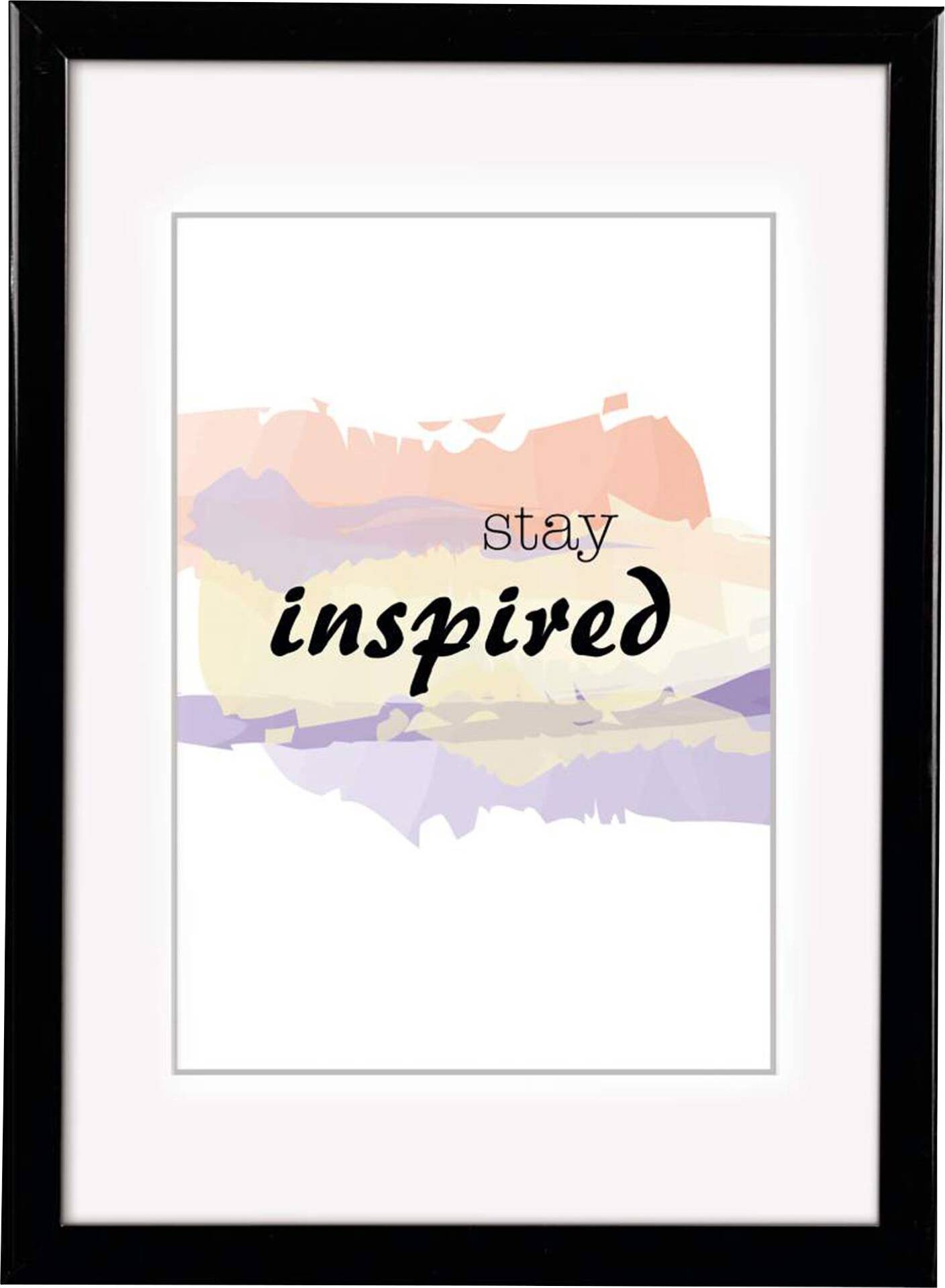 Gerahmtes Poster mit dem Text 'stay inspired' vor einem pastellfarbenen Hintergrund in Rosa, Beige und Lila.