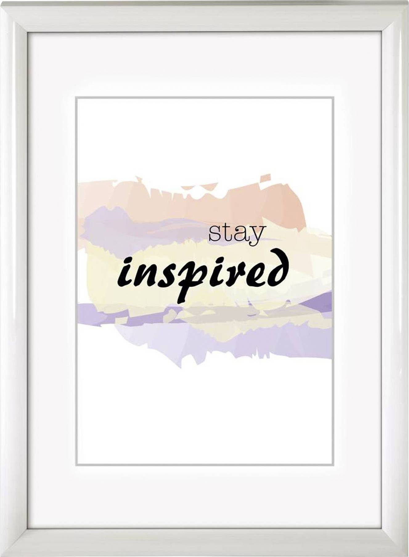 Gerahmtes Bild mit der Aufschrift 'stay inspired' vor einem bunten, abstrakten Hintergrund.