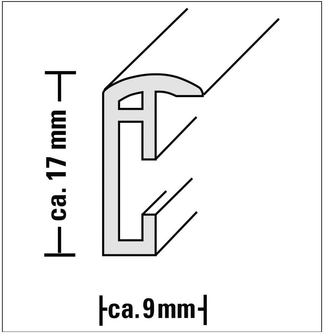 Querschnitt eines Profils mit Maßen: Höhe ca. 17 mm und Breite ca. 9 mm.