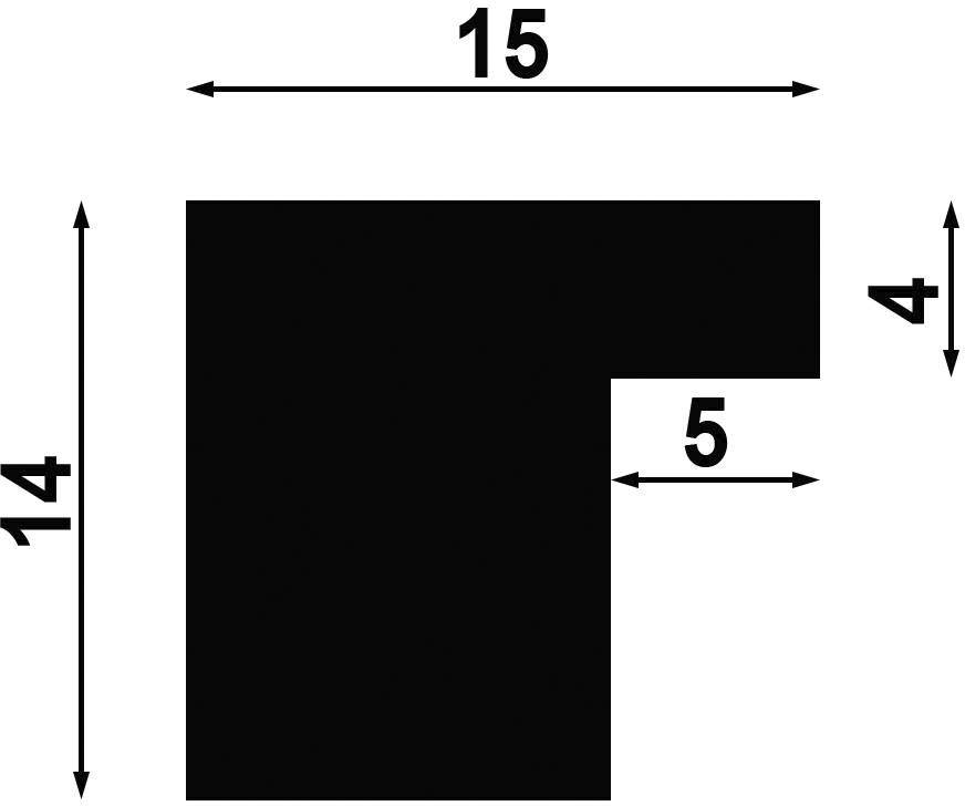 Ein schwarzes L-förmiges Objekt, 15 Einheiten breit und 14 Einheiten hoch, mit einem horizontalen Einschnitt von 5 Einheiten und vertikal 4 Einheiten.