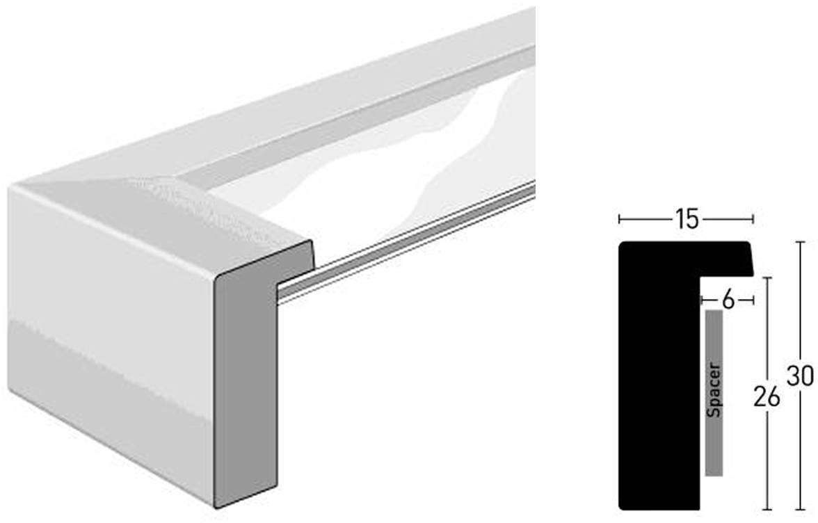 Profilansicht eines L-förmigen Metallrahmens mit Maßangaben: 15 mm Breite, 30 mm Höhe und 6 mm Abstandshalter.