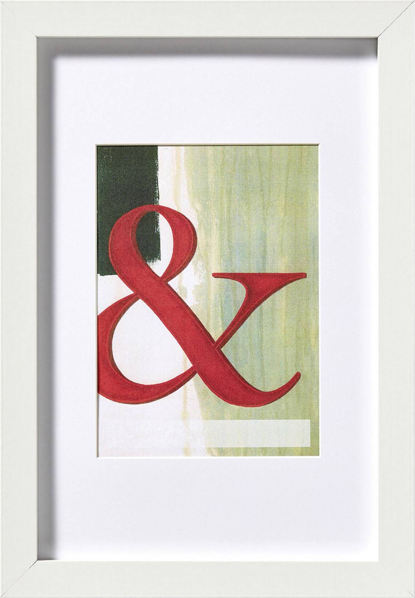 Rotes Ampersand auf abstraktem, pastellfarbenem Hintergrund in einem schlichten weißen Rahmen.