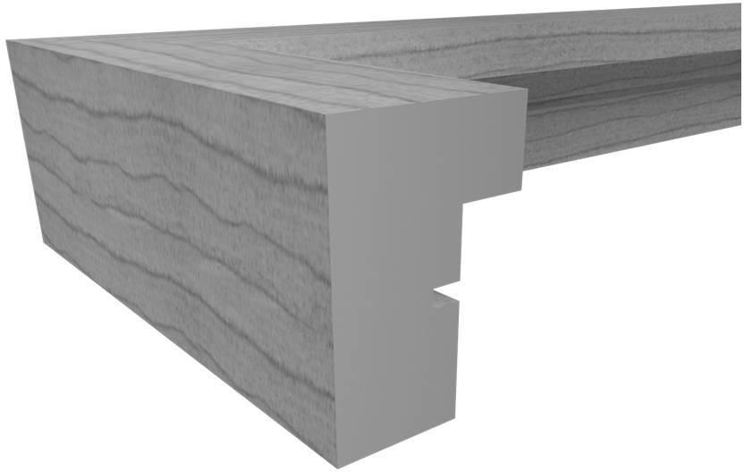Eckverbindung aus Holz zeigt ein Nut- und Zapfenprofil, dargestellt in einem 3D-Modell, das die Details der Struktur hervorhebt.