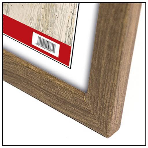 Rahmen aus Holz, Bild mit rotem Rand und Barcode, Nahaufnahme einer Ecke.