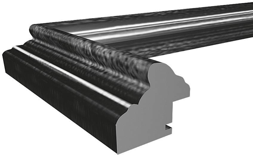 'Profil' eines dunklen Holzrahmens mit dekorativen Schnitzereien und ausgearbeiteter Kante, winkel- und perspektivisch betrachtet.