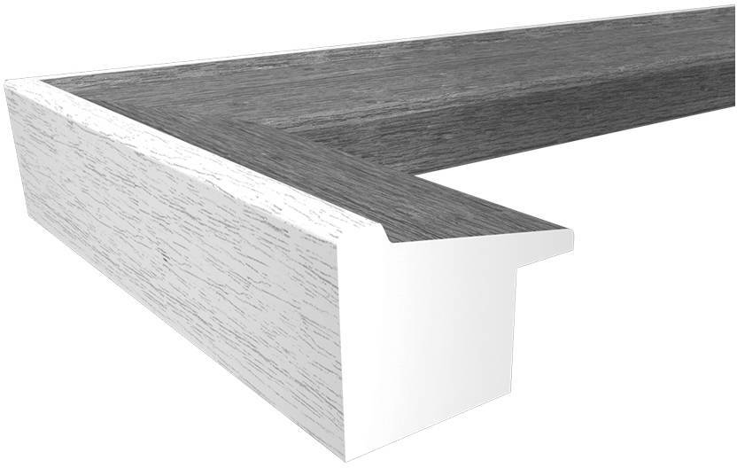 Ein L-förmiges Bauelement aus Holz, das an eine Arbeitsplatte erinnert. Die Oberfläche hat eine graue Maserung, die Kante ist weiß.