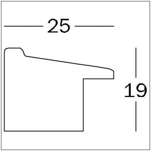 Querschnittszeichnung eines Profils mit abfallender Oberseite. Breite 25 mm, Höhe 19 mm.