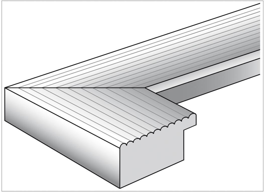 Isometrische Zeichnung eines Metallprofils mit Nut in der Mitte, möglicherweise für Verbindung oder Verstärkung in Konstruktionen.