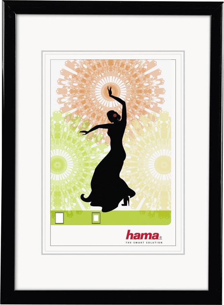 Silhouette einer Flamenco-Tänzerin vor buntem, gemustertem Hintergrund. Text 'hama' unten im Bild als Markenzeichen.