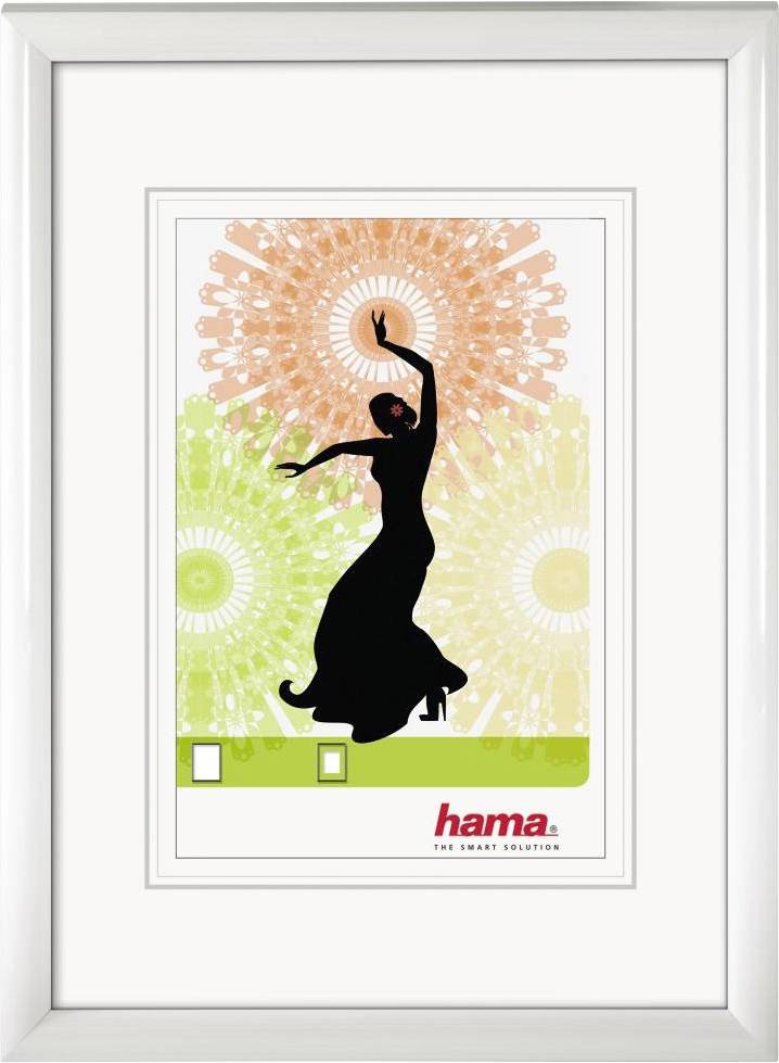 Ein schwarz silhouettierter Flamencotänzer vor einem farbenfrohen, abstrakten Hintergrund in Orange und Grün, mit dem Logo 'hama'.