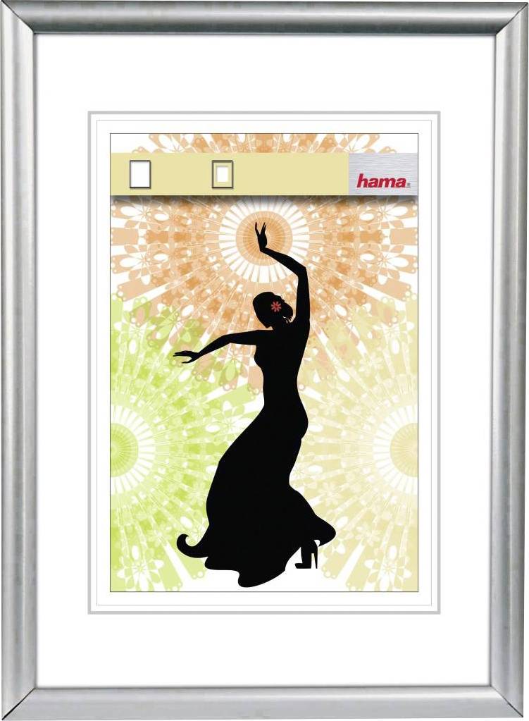 Gerahmtes Bild mit der Silhouette einer tanzenden Frau vor einem bunten, floralen Hintergrund in Grün und Orange.