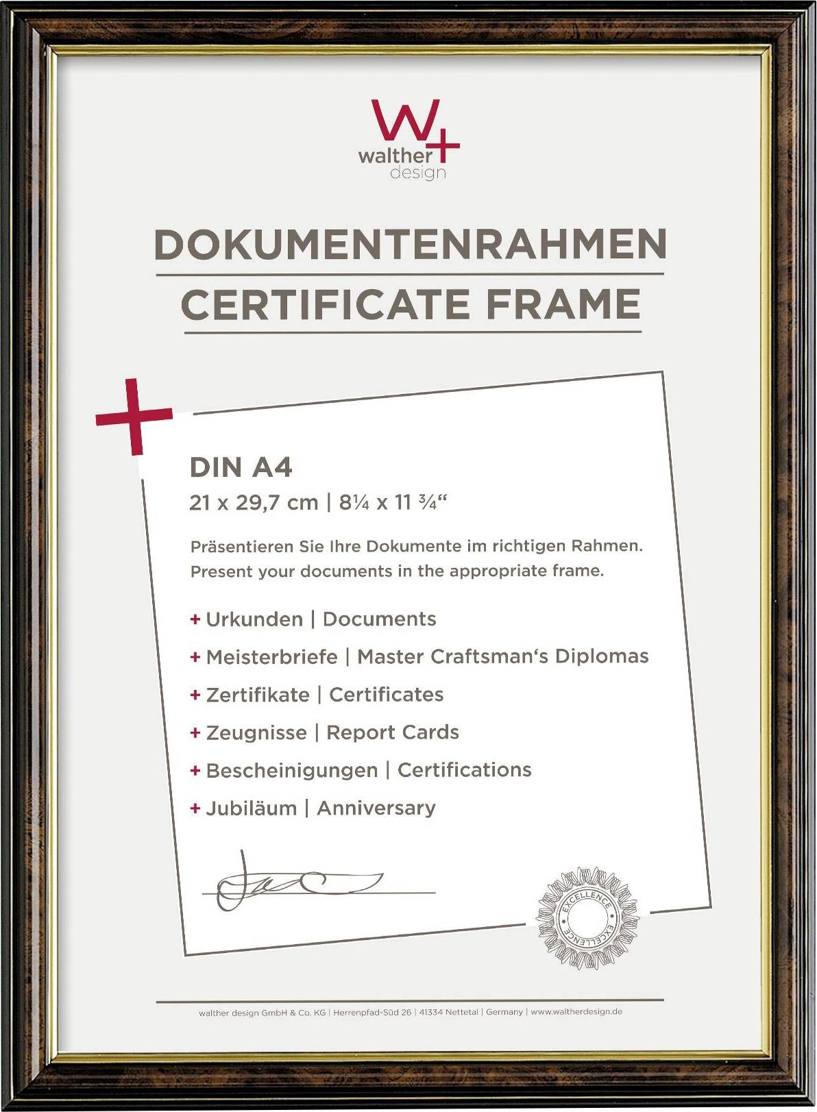 Dokumentenrahmen für Urkunden, Diplome und Zertifikate im Format DIN A4, 21 x 29,7 cm. Geeignet für Jubiläen und Bescheinigungen.