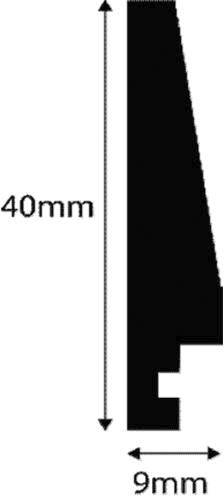 Schwarze Silhouette eines L-förmigen Objekts, 40 mm hoch und 9 mm breit, mit schrägem oberen Ende und rechteckigem Ausschnitt unten.