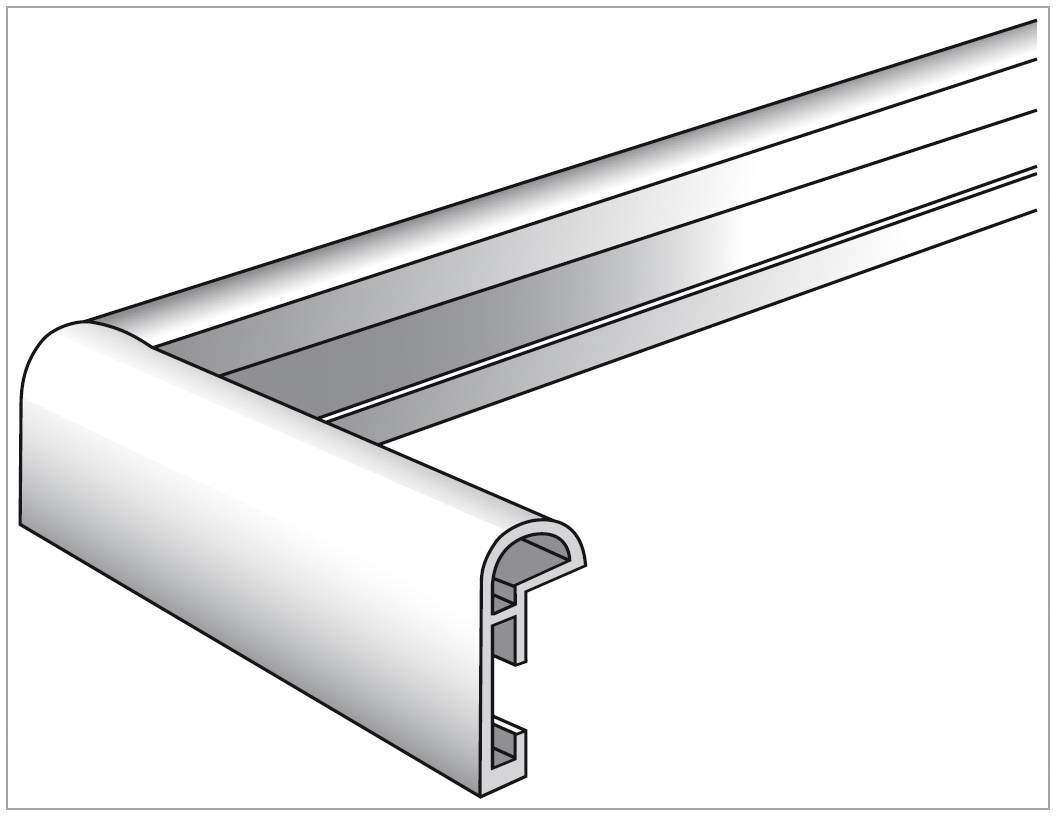 Aluminium-Fensterprofil in Eckansicht, zeigt Querschnitt und Befestigungsmöglichkeiten für Glas.