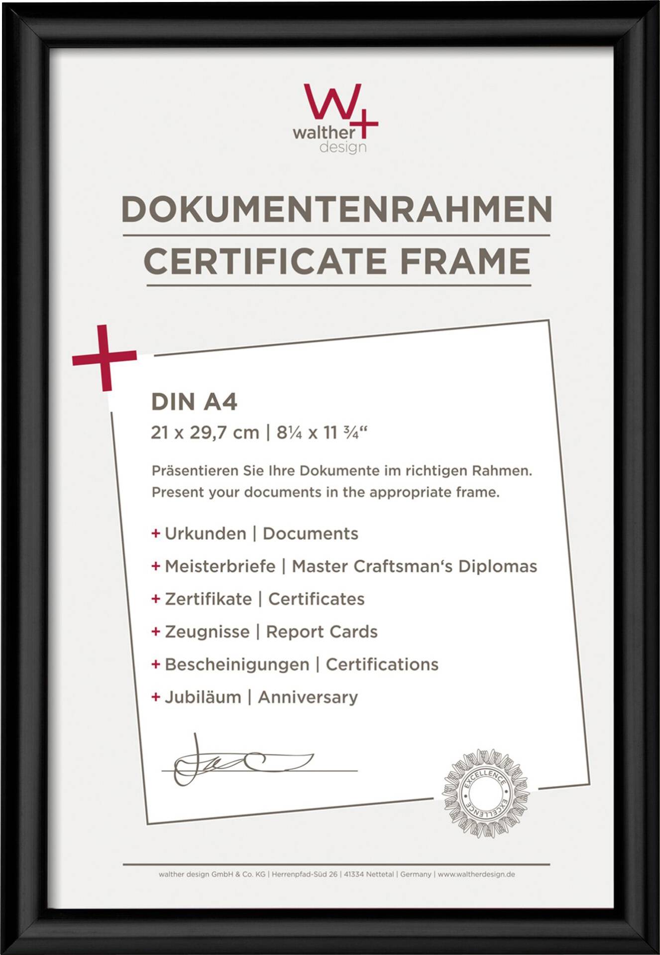 'Dokumentenrahmen' mit Maße DIN A4, präsentiert von 'walther design'. Ideal für Urkunden, Zertifikate und Meisterbriefe.