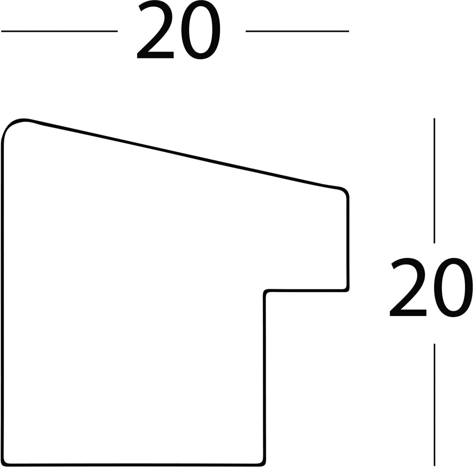 Schematische Zeichnung einer L-Form mit gleichlangen Seiten von je 20 Einheiten.