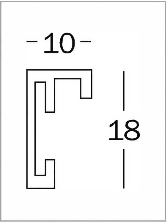 Skizze eines Querschnittprofils mit zwei Maßen: oben '-10-', rechts '18'. Das Profil zeigt eine komplexe Form mit mehreren Ecken.