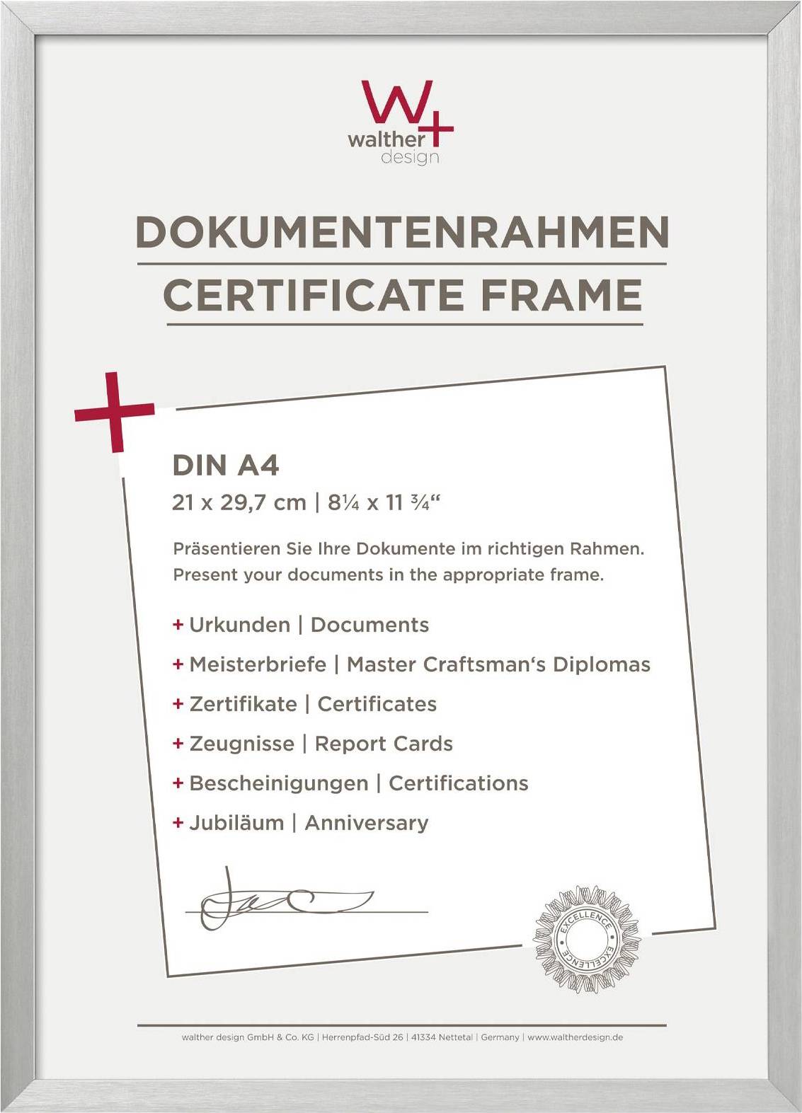 Zertifikatrahmen von Walther Design aus Holz für DIN A4-Dokumente. Text: 'Präsentieren Sie Ihre Dokumente im richtigen Rahmen.'