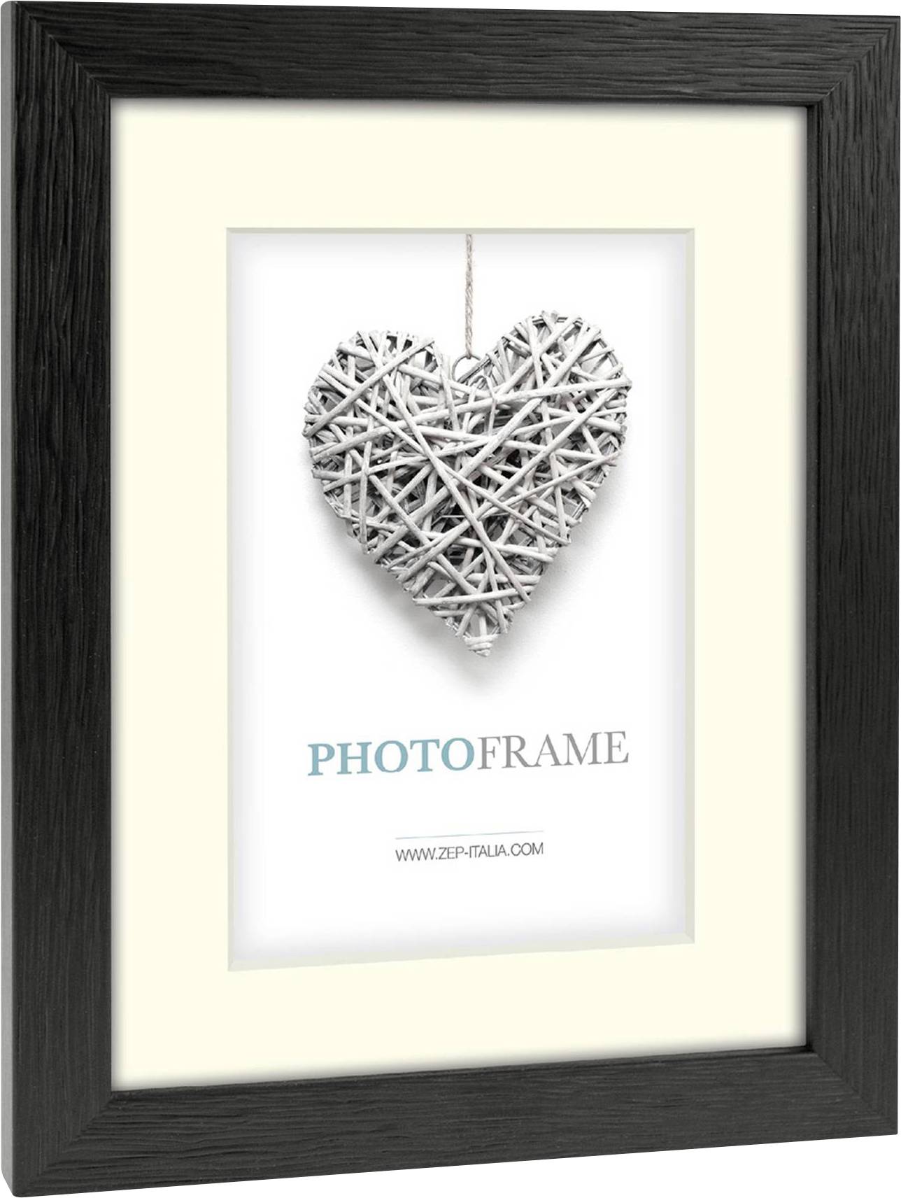 Schwarzer Bilderrahmen mit einem Bild von einem Herz aus verflochtenen Zweigen. Unterhalb des Herzens steht 'PHOTOFRAME'.