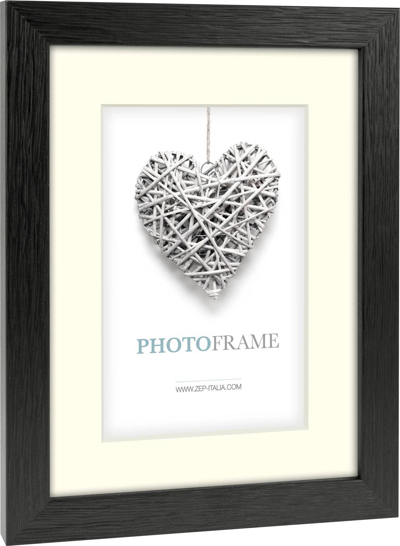 Rahmen mit weißem Passepartout, zentrales Motiv ist ein Herz aus verschlungenen Zweigen. Text darunter: 'PHOTOFAME' und 'www.zen-italia.com'.