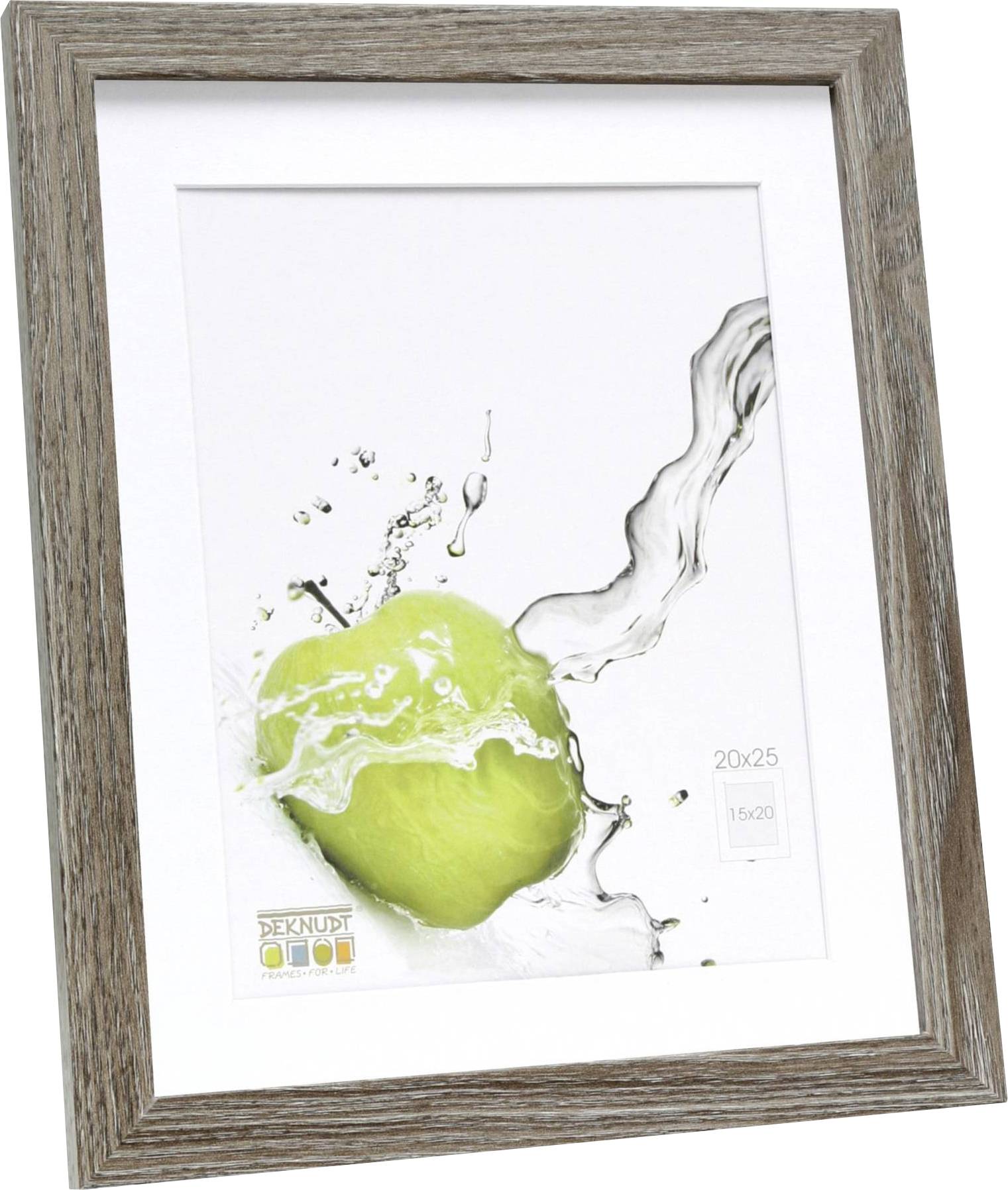 Der Bilderrahmen zeigt ein Foto eines grünen Apfels, der von einer spritzenden Wasserwelle umgeben ist. Größe: 20x25 cm.